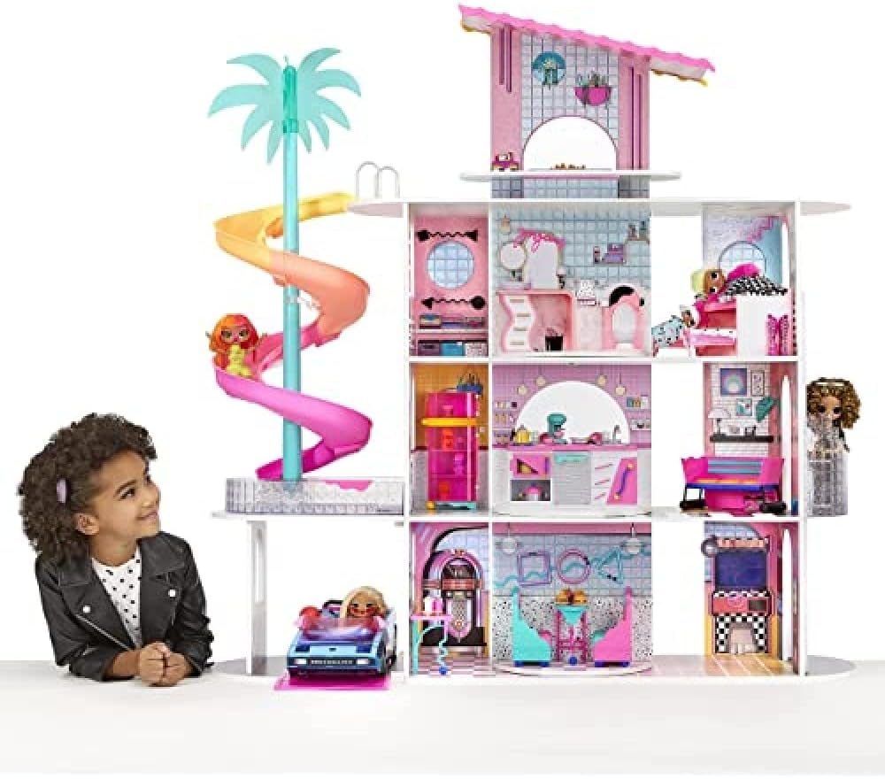 L.O.L. Surprise! OMG House of Surprises – Real Wood Dollhouse with 85+ Surprises, 4 Floors, 10 Rooms, Elevator, Spiral Slide, Pool, Movie Theater Drive Thru, Rooftop- Toy Gift for Girls Ages 4 5 6 7+