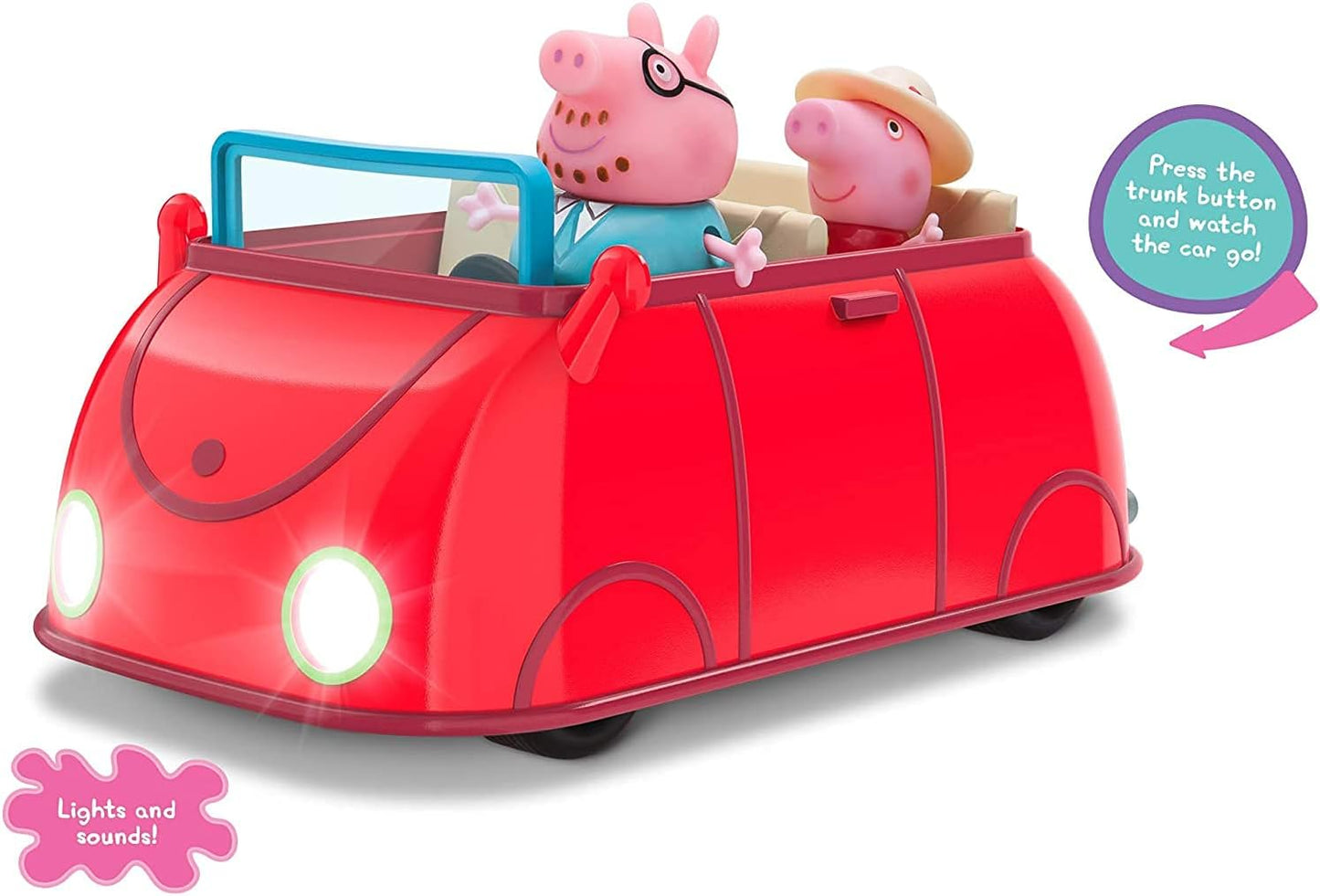 Peppa Pig Lights & Sounds Family Fun Car Vehicle Playset, 3 Pieces - Includes Interactive Red Car with Peppa and Daddy Pig Figures - Toy Gift for Kids - Ages 2+