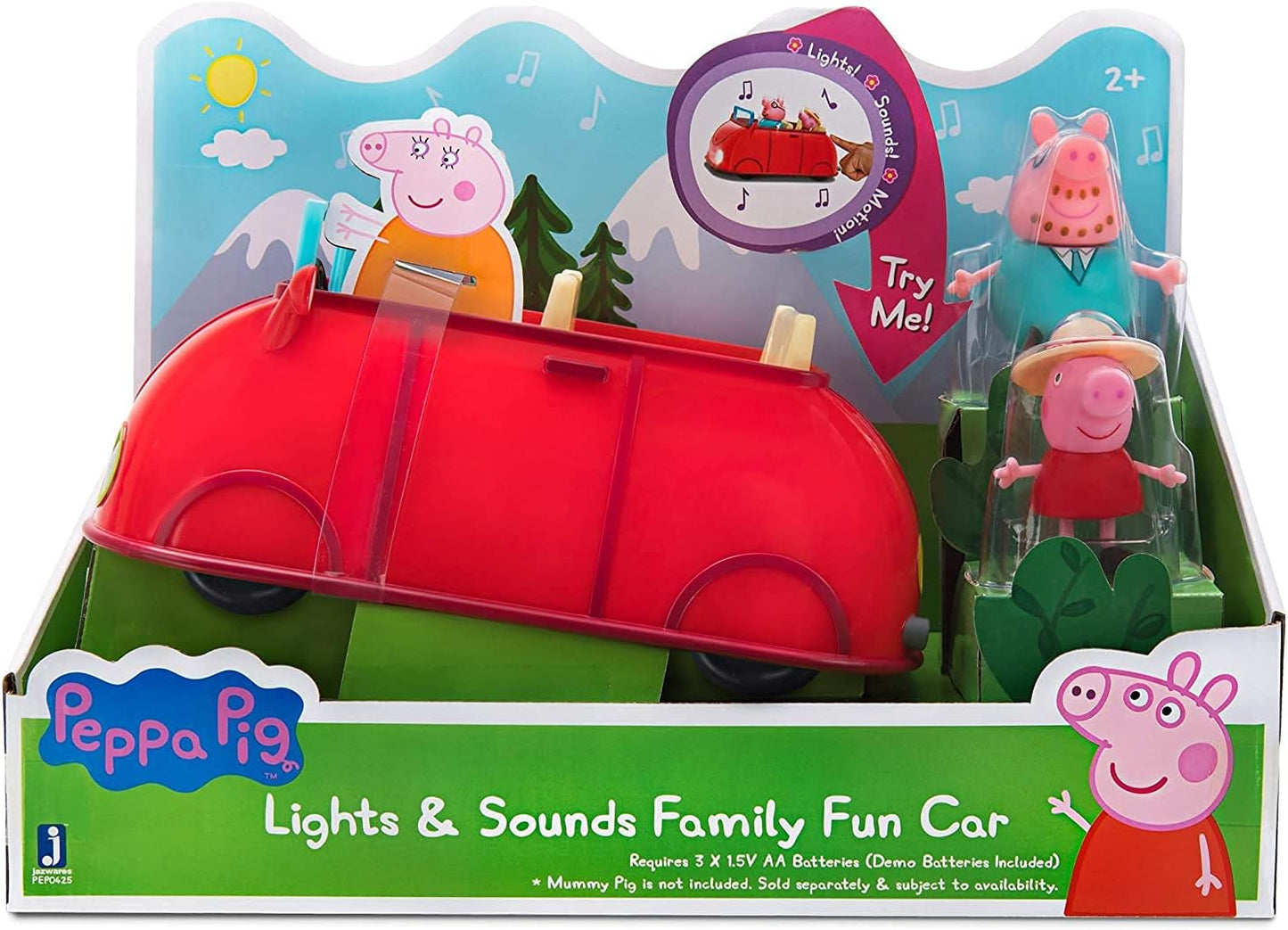 Peppa Pig Lights & Sounds Family Fun Car Vehicle Playset, 3 Pieces - Includes Interactive Red Car with Peppa and Daddy Pig Figures - Toy Gift for Kids - Ages 2+