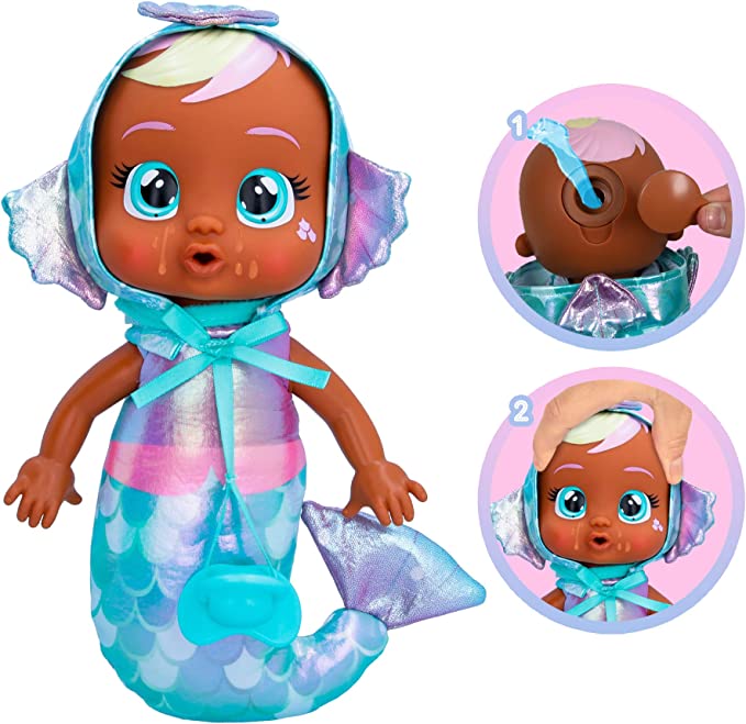 Cry Babies Tiny Cuddles Mermaids Delphine - 9 inch Baby Doll, Cries Real Tears, Metallic Mermaid Themed Pajamas