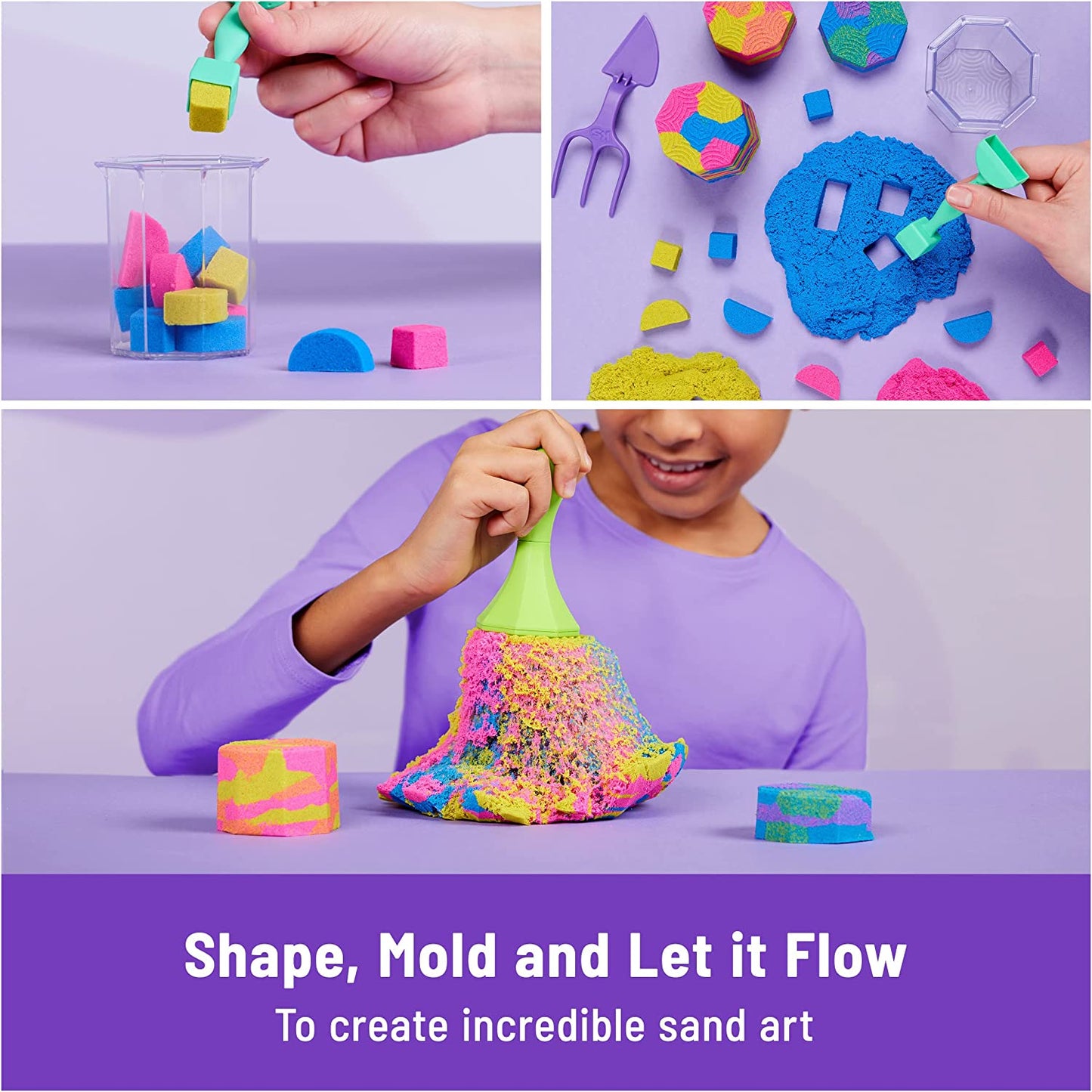 Kinetic Sand, Squish N’ Create Playset, with 13.5oz of Blue, Yellow, and Pink Play Sand, 5 Tools, Sensory Toys for Kids Ages 3 and Up