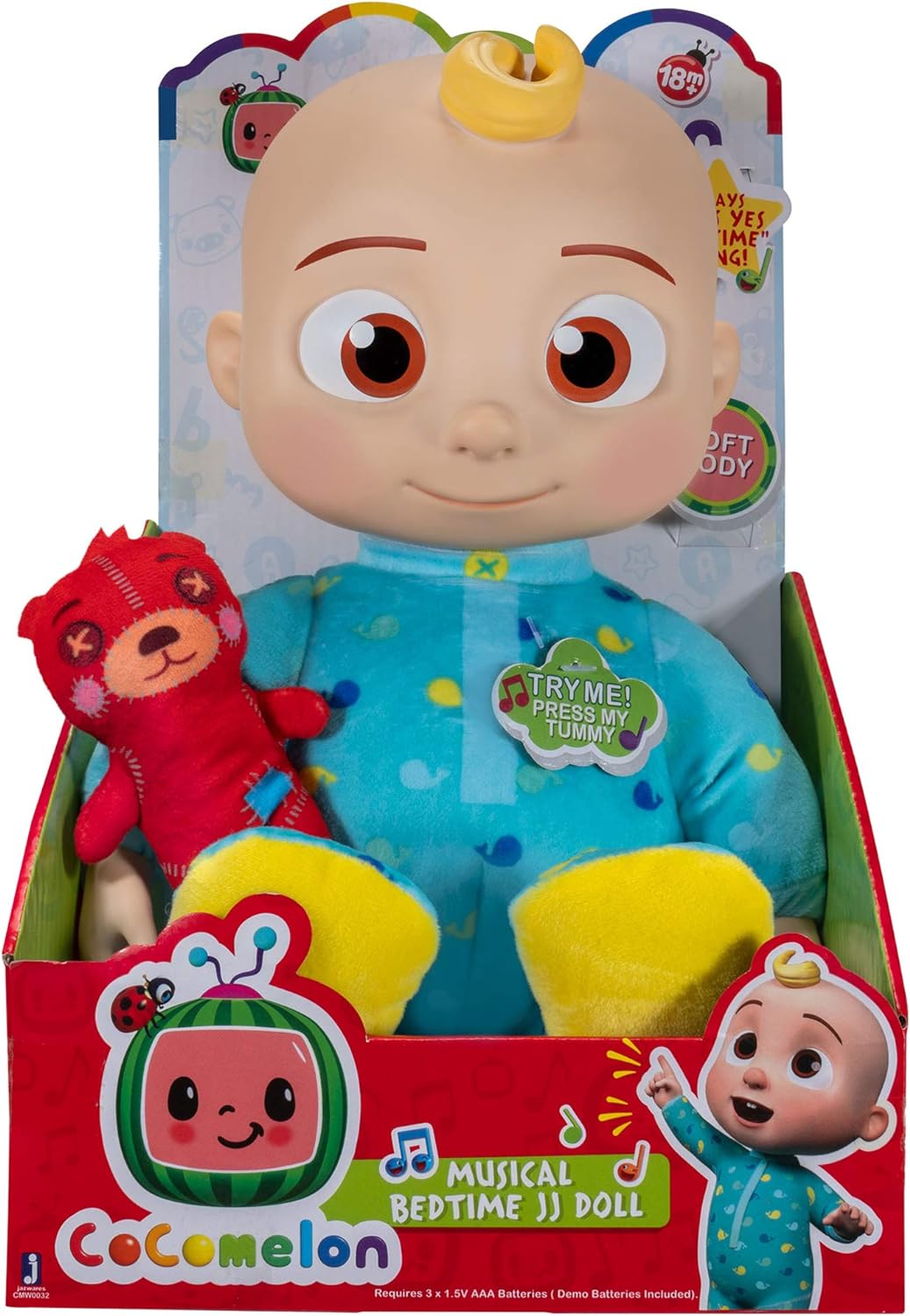 Cocomelon Official Musical Bedtime JJ Doll, Soft Plush Body – Press Tummy and JJ Sings Clips from ‘Yes, Yes, Bedtime Song,’ – Includes Feature Plush and Small Pillow Plush Teddy Bear, Multi