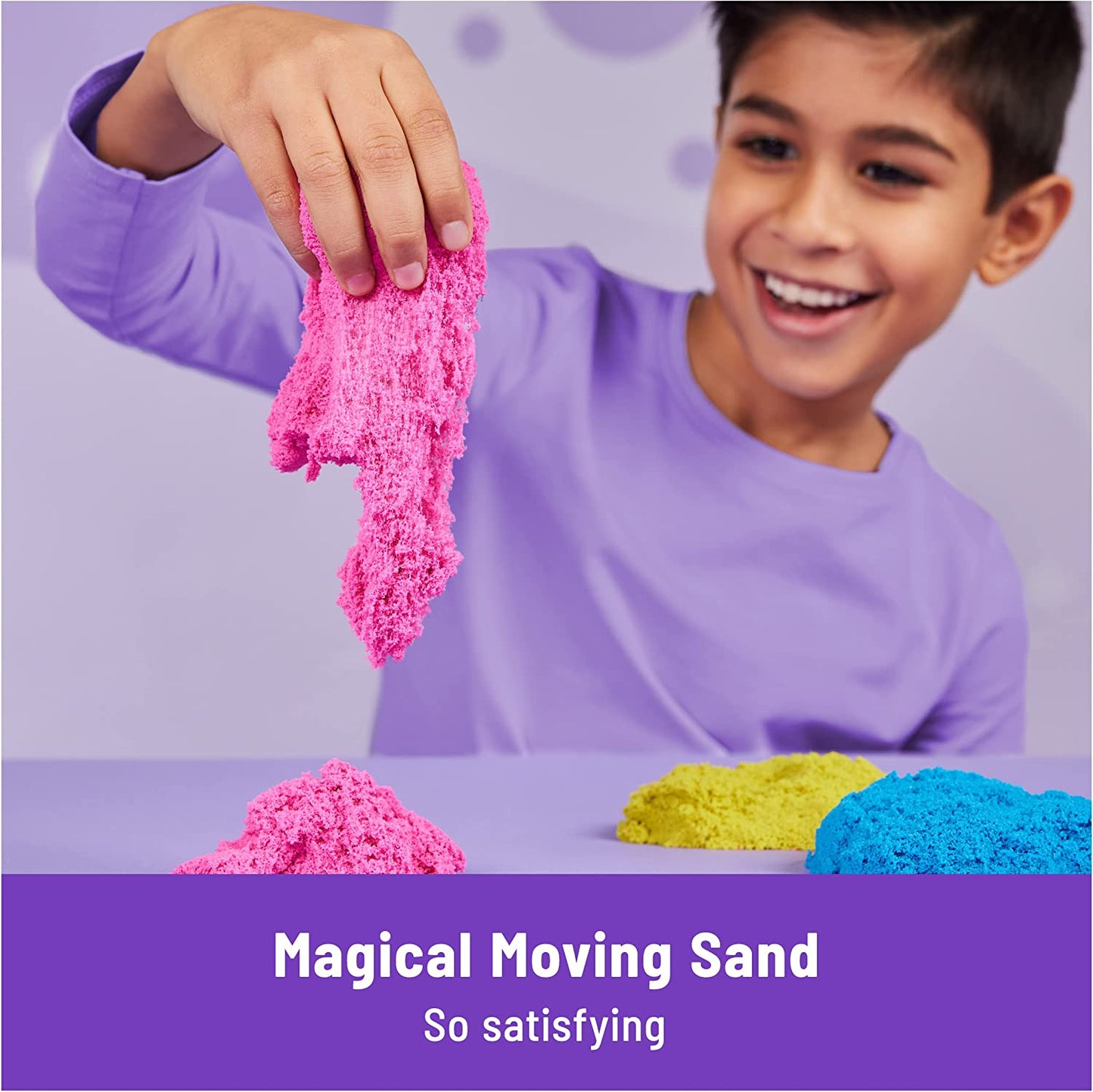 Kinetic Sand, Squish N’ Create Playset, with 13.5oz of Blue, Yellow, and Pink Play Sand, 5 Tools, Sensory Toys for Kids Ages 3 and Up
