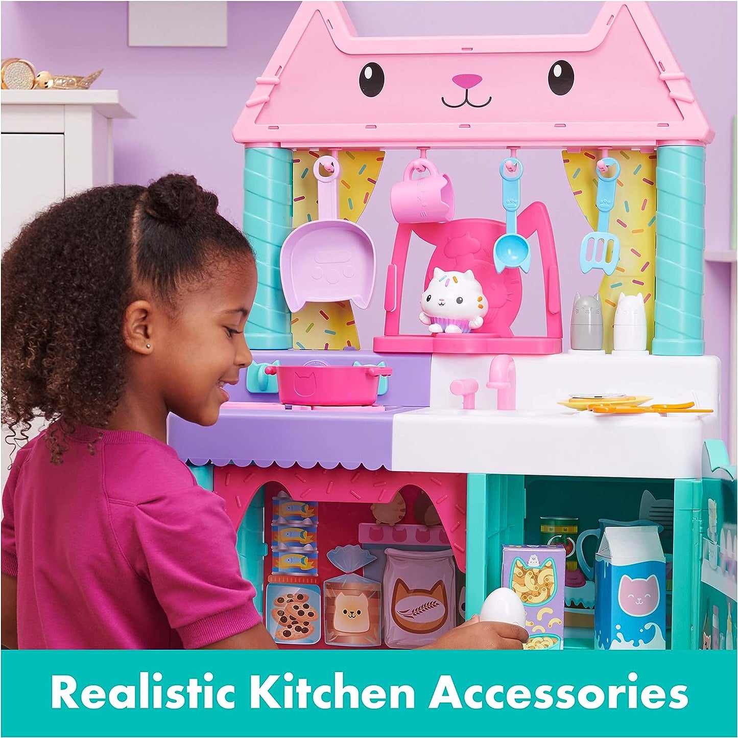 Gabby’s Dollhouse, Cakey Kitchen Set for Kids with Play Kitchen Accessories, Play Food, Sounds, Music and Kids Toys for Girls and Boys Ages 3 and Up
