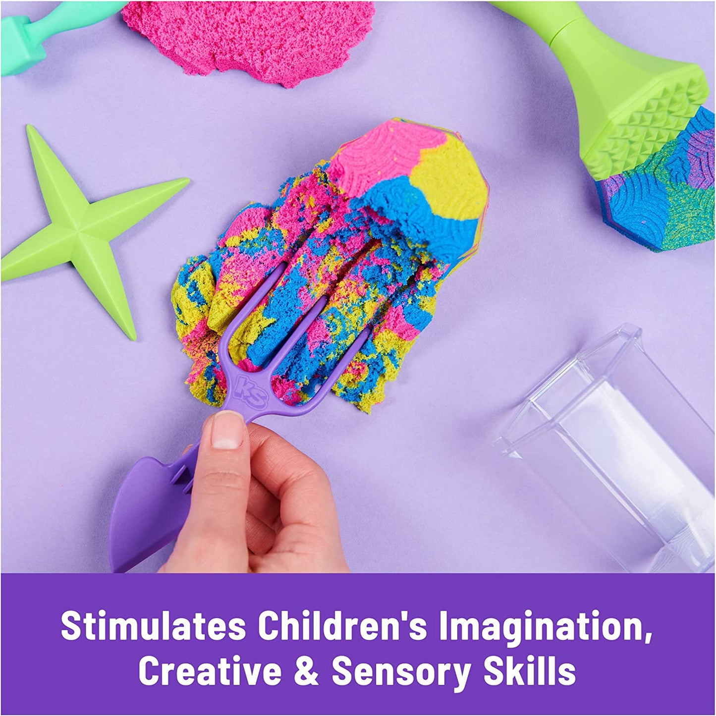Kinetic Sand, Squish N’ Create Playset, with 13.5oz of Blue, Yellow, and Pink Play Sand, 5 Tools, Sensory Toys for Kids Ages 3 and Up