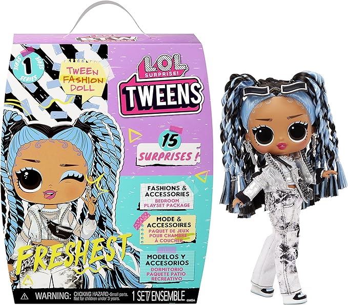LOL Tweens Fashion Doll with 15 Surprises, Blue Hair, Including Stylish Outfit & Accessories with Reusable Bedroom Playset - Gift for Kids, Ages 4+ Years, Multicolor, 6 inches