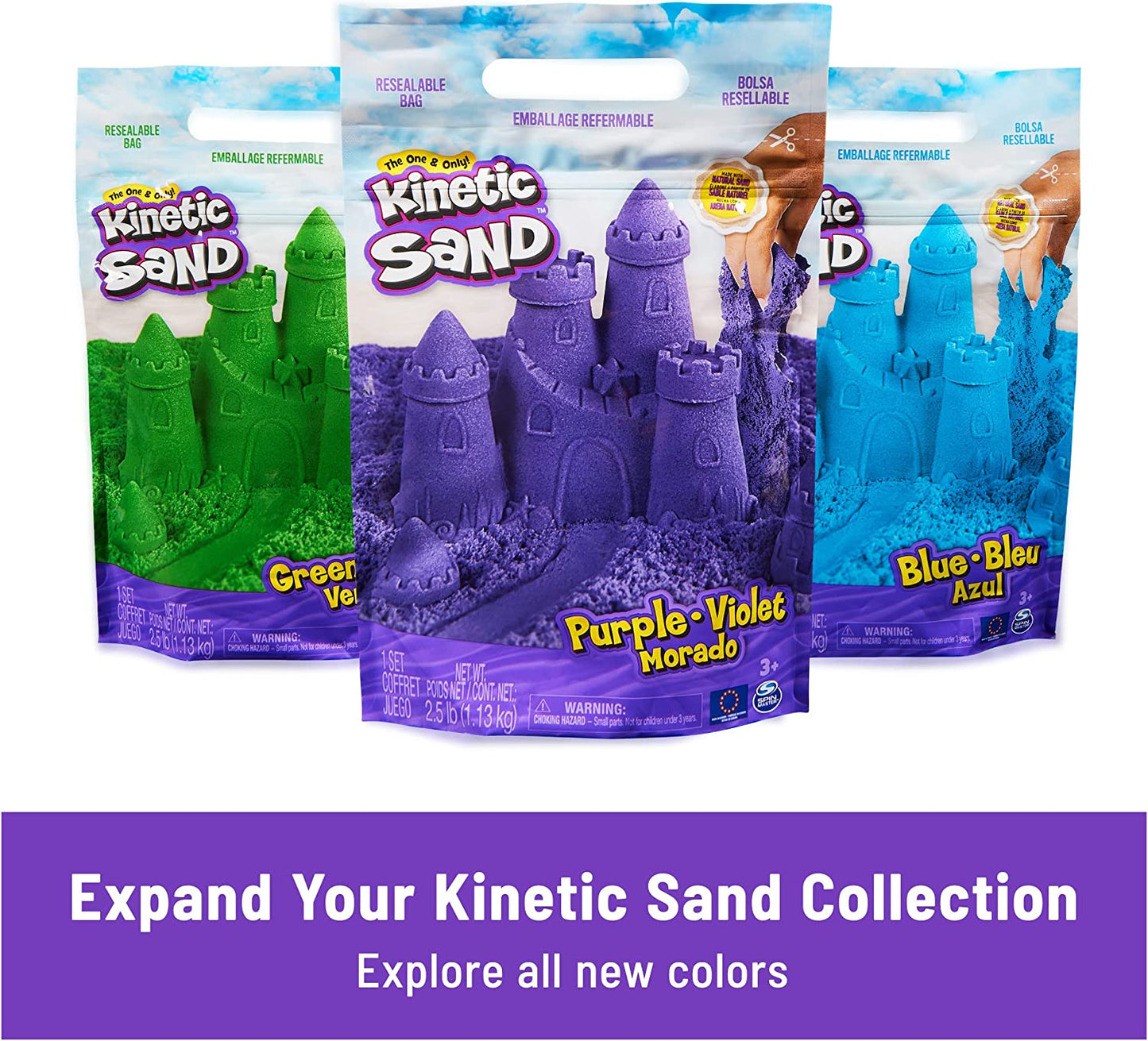 Kinetic Sand, Squish N’ Create Playset, with 13.5oz of Blue, Yellow, and Pink Play Sand, 5 Tools, Sensory Toys for Kids Ages 3 and Up