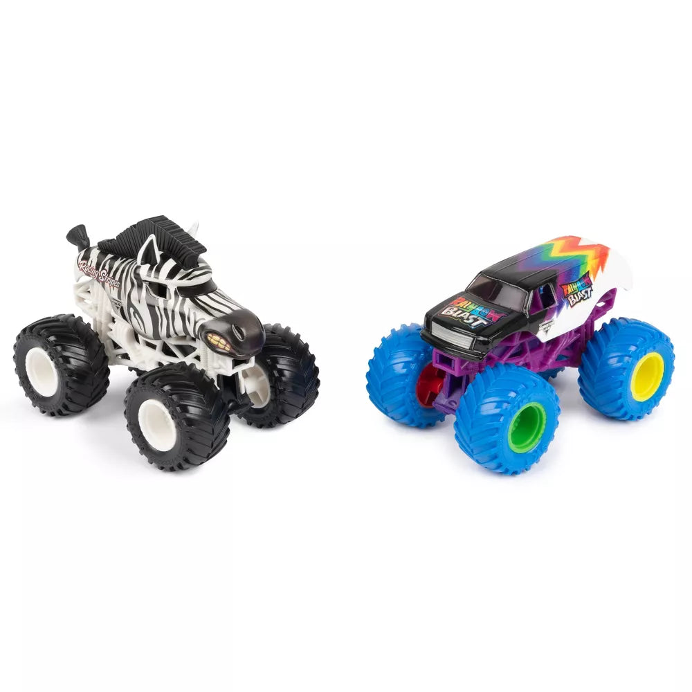 Monster Jam 2023 Official 1:64 Scale Diecast Truck 2-Pack Series Racing Stripes vs Rainbow Blast
