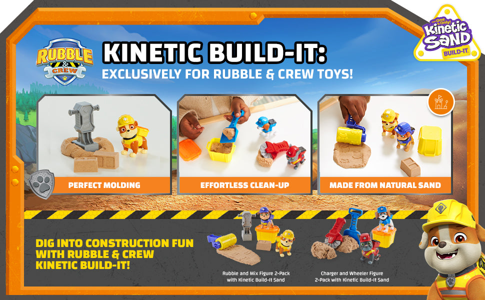 Rubble & Crew, Charger & Wheeler Action Figures, with Kinetic Build-It Sand & 2 Building Tools, PAW Patrol Kids Toys for Boys & Girls Ages 3 and Up