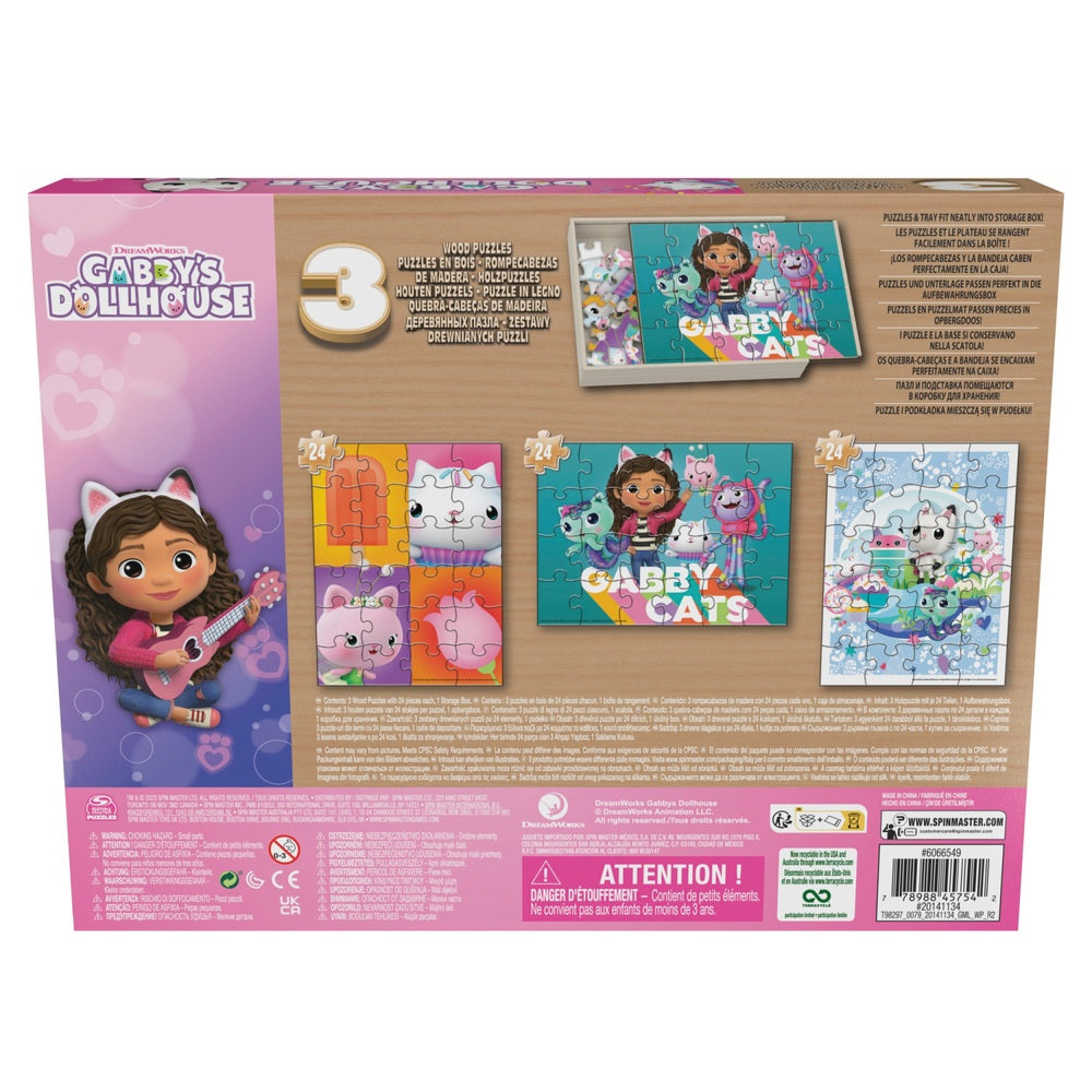 Dreamworks Gabby's Dollhouse Wooden Puzzle 3 Pack and Storage Tray