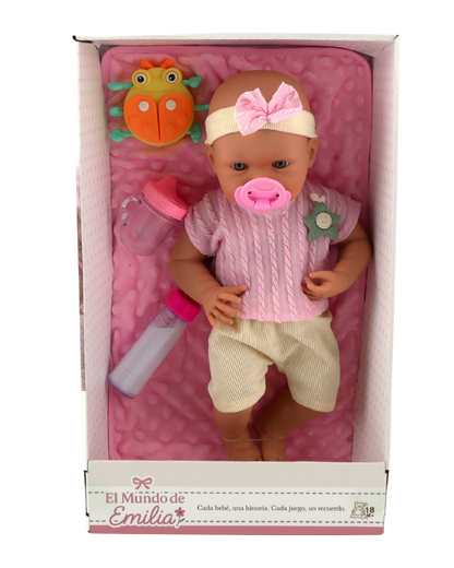 🌷 Mila 16" Muñeca Bebé de Vinilo con Accesorios | El Mundo de Emilia