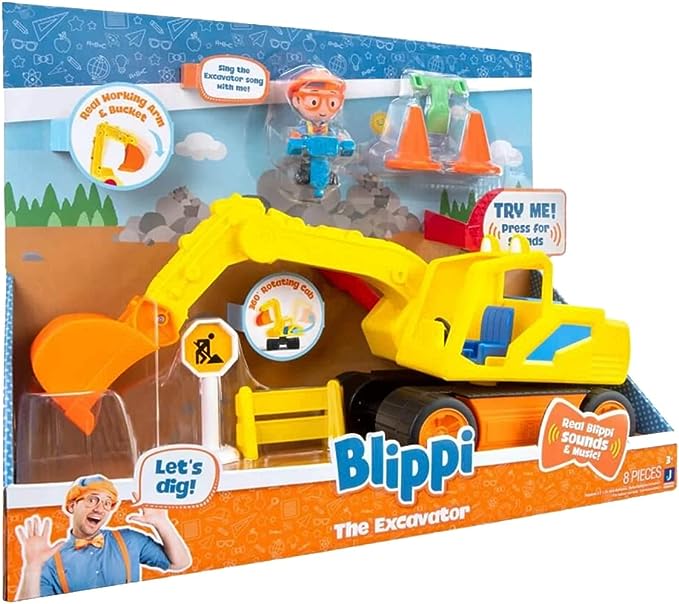 Blippi Excavator - Fun Freewheeling Vehicle with Features Including 3 Construction Worker, Sounds and Phrases - Educational Vehicles for Toddlers and Young Kids,Yellow