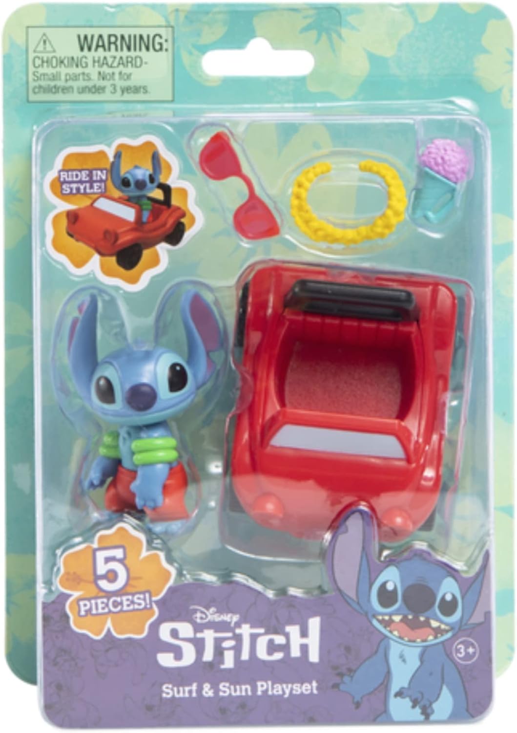 Disney - Lilo and Stitch - Surf and Sun Mini Playset - Stitch Play Figure and Car - 5 Piece Set