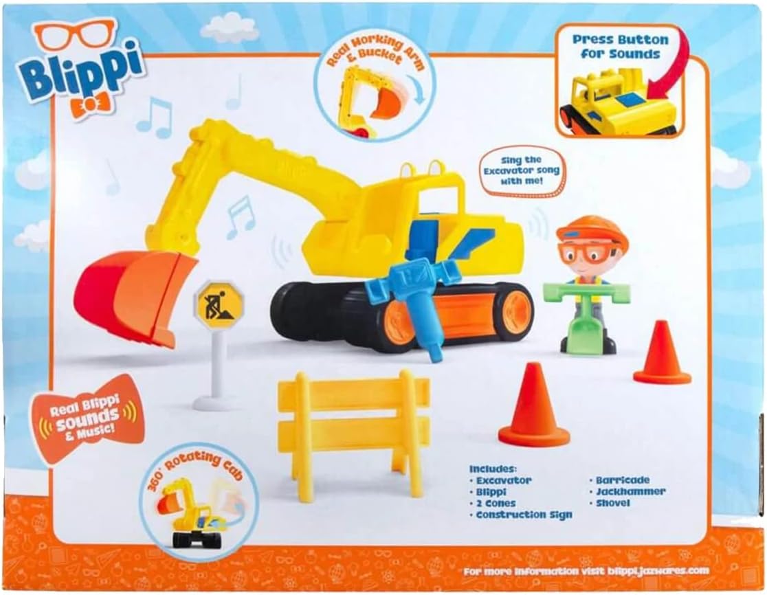 Blippi Excavator - Fun Freewheeling Vehicle with Features Including 3 Construction Worker, Sounds and Phrases - Educational Vehicles for Toddlers and Young Kids,Yellow