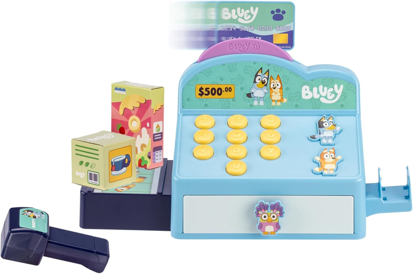 Bluey Cash Register. Press The Buttons to Hear Beeps, Sounds and Phrases from Bluey and Bingo |Use The Scanner to Scan Packages and Pretend to Run a Shop | Includes Toy Credit Card and Dollar Bucks!