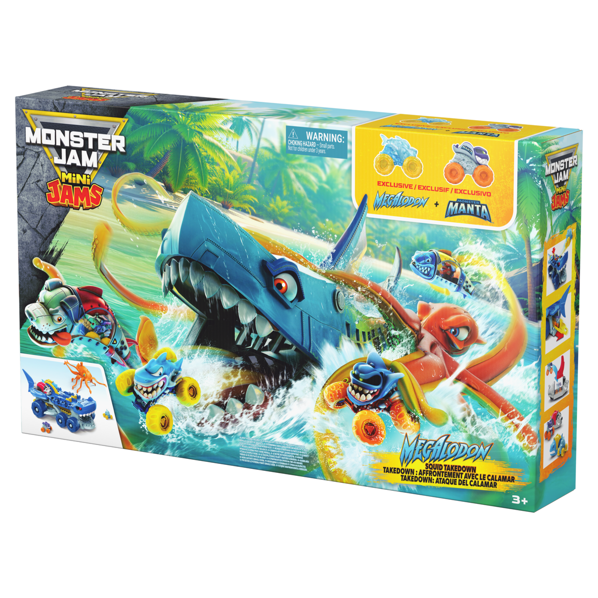 Monster Jam Mini Jams Megalodon Squid Takedown Playset with 2 Exclusive Die-Cast Trucks