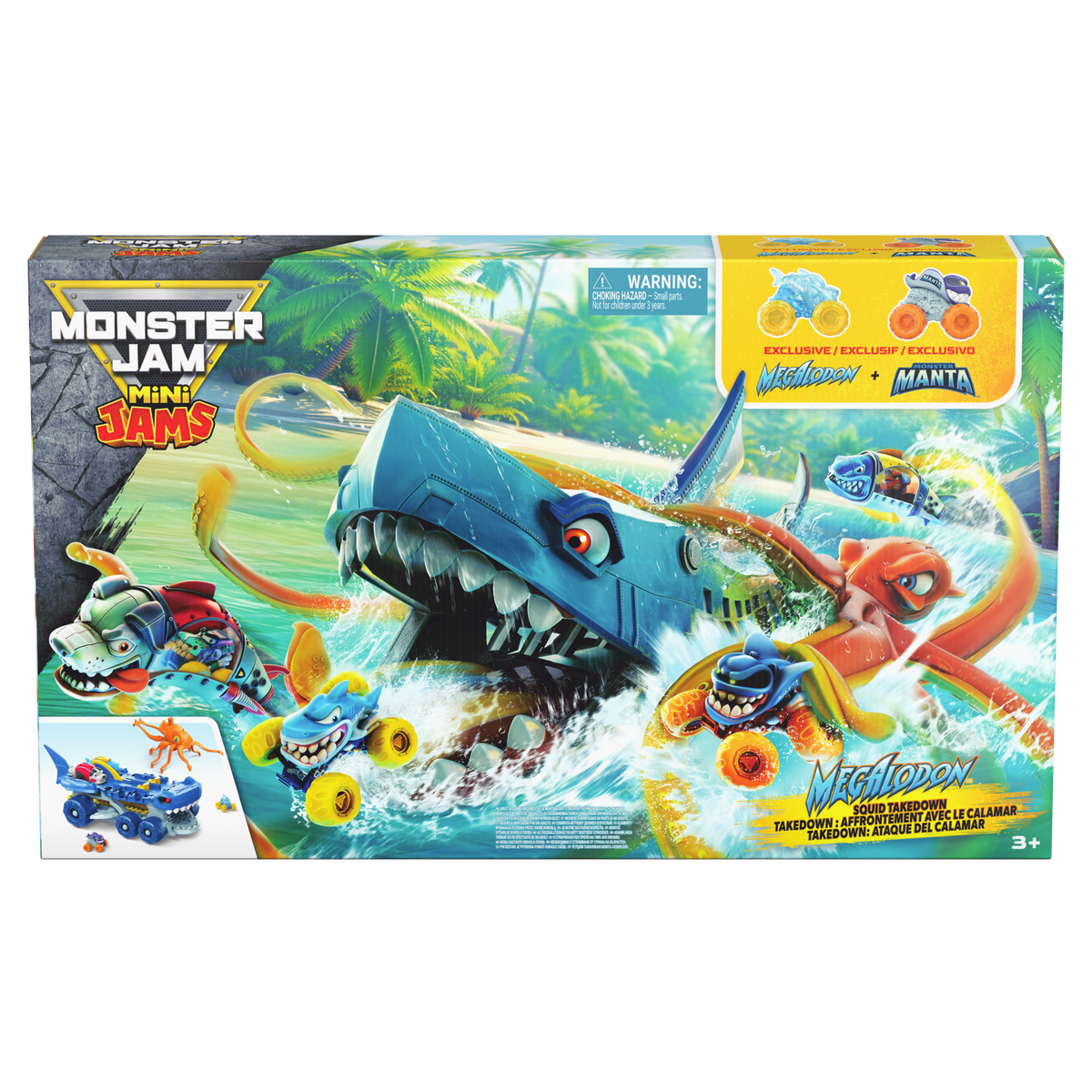 Monster Jam Mini Jams Megalodon Squid Takedown Playset with 2 Exclusive Die-Cast Trucks