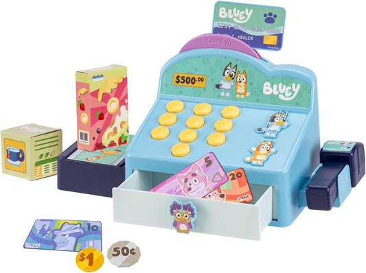 Bluey Cash Register. Press The Buttons to Hear Beeps, Sounds and Phrases from Bluey and Bingo |Use The Scanner to Scan Packages and Pretend to Run a Shop | Includes Toy Credit Card and Dollar Bucks!