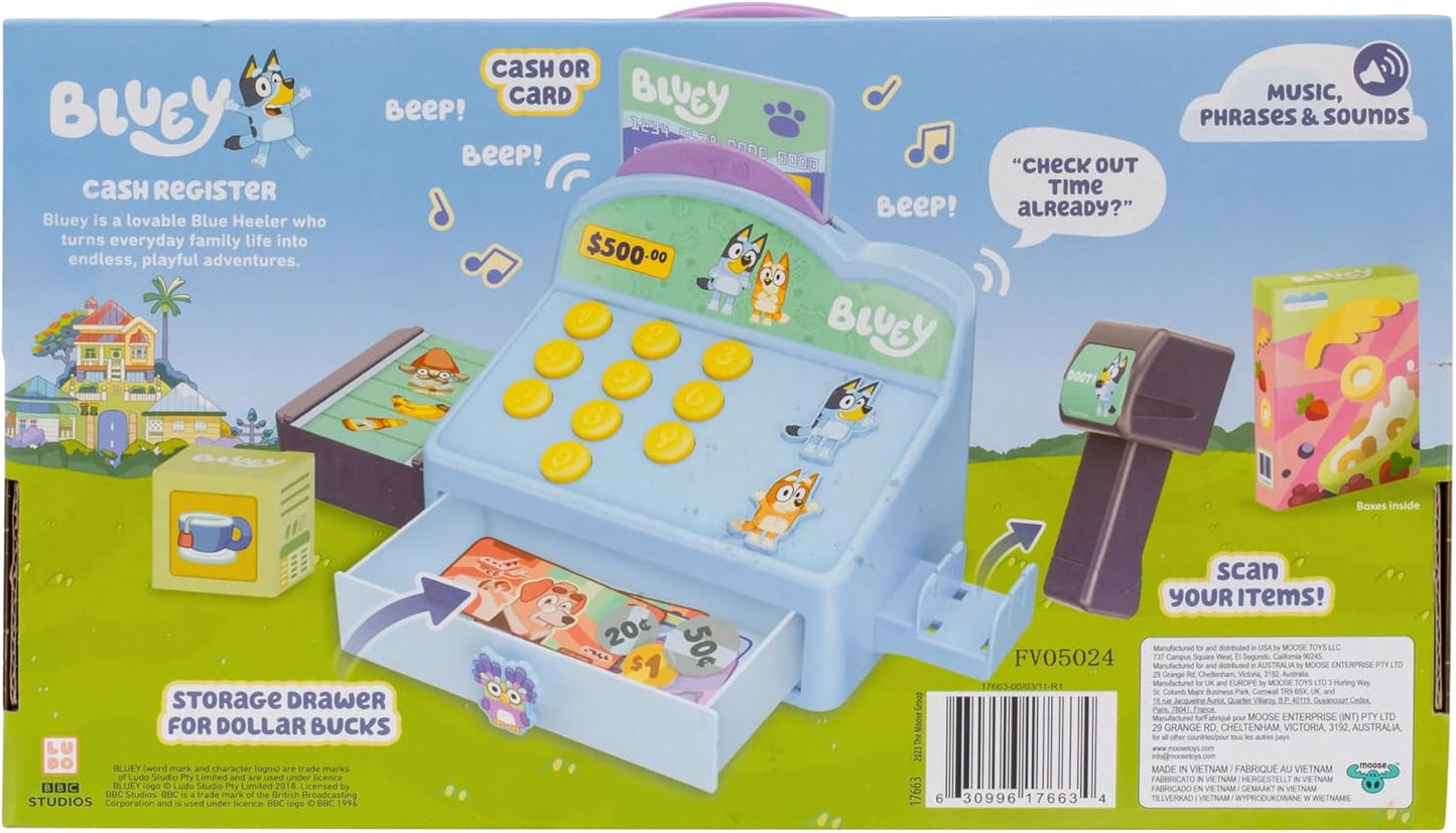 Bluey Cash Register. Press The Buttons to Hear Beeps, Sounds and Phrases from Bluey and Bingo |Use The Scanner to Scan Packages and Pretend to Run a Shop | Includes Toy Credit Card and Dollar Bucks!