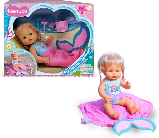 Nenuco - My Mermaid, baby doll with removable fabric mermaid tail, fun toy with accessories, waterproof, gift for boys and girls from 2 years old