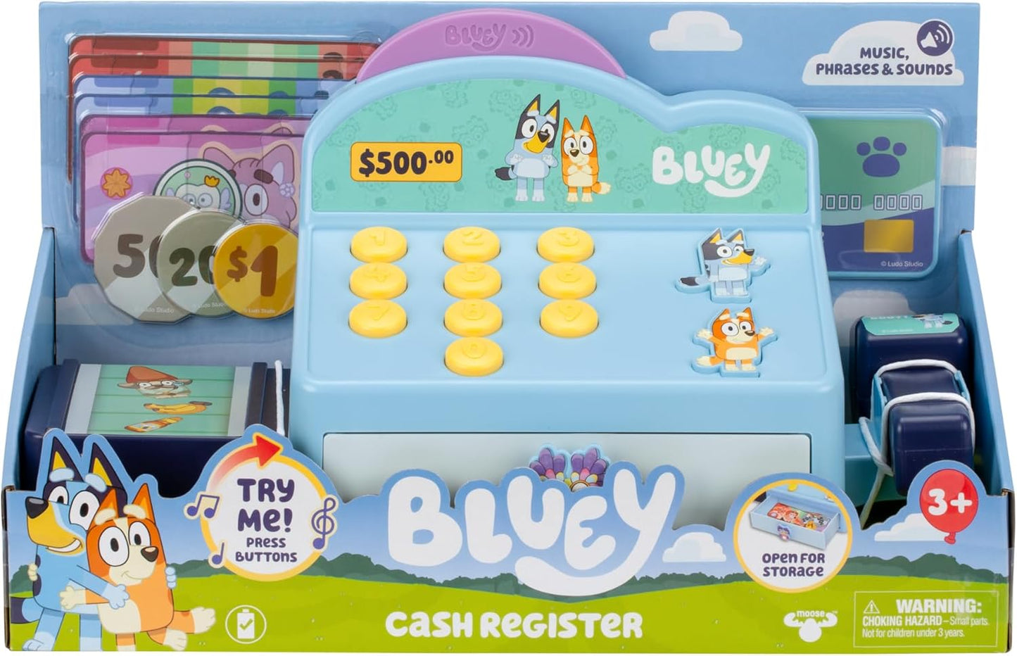 Bluey Cash Register. Press The Buttons to Hear Beeps, Sounds and Phrases from Bluey and Bingo |Use The Scanner to Scan Packages and Pretend to Run a Shop | Includes Toy Credit Card and Dollar Bucks!