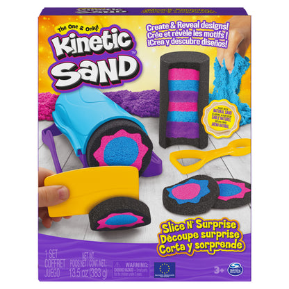 Kinetic Sand, Slice N’ Surprise Set with 13.5oz of Black, Pink and Blue Play Sand and 7 Tools, Sensory Toys for Kids Ages 3 and up