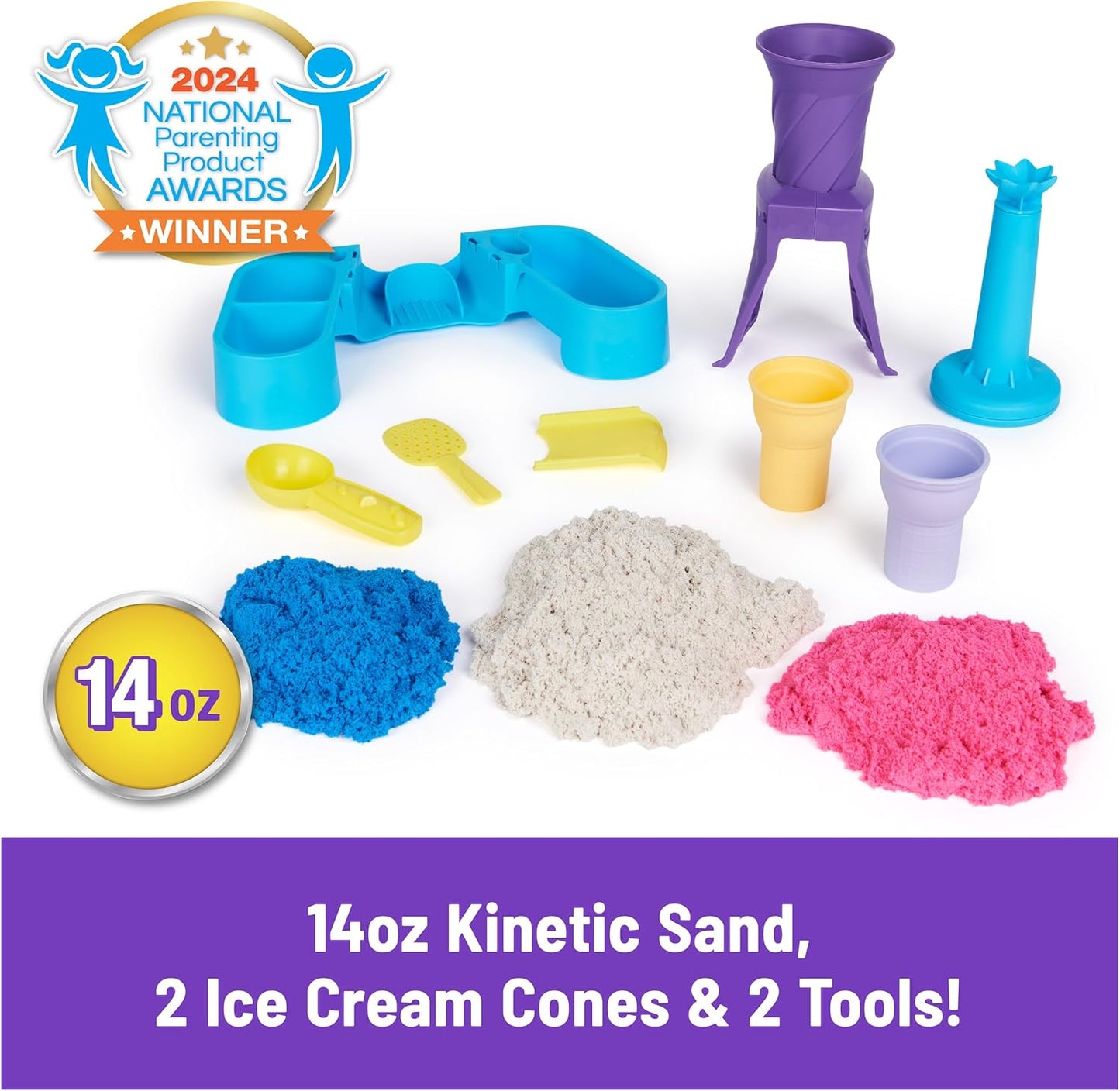 Kinetic Sand, Soft Serve Station, 14oz of Play Sand (Blue, Pink & White), 2 Ice Cream Cones & 2 Tools, Sensory Toys, Christmas Gifts for Kids Ages 5+