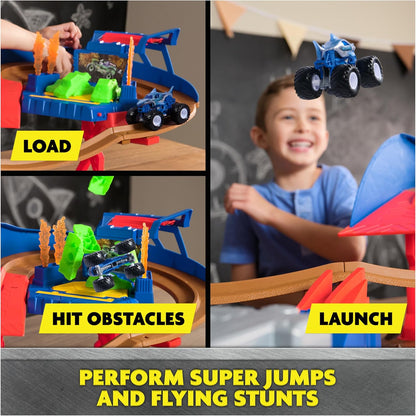 Monster Jam, Supercharge Speedway Playset, Megalodon and El Toro Loco Die-Cast Monster Trucks, Light Up World Finals Track Kids Toys for Boys Ages 3+