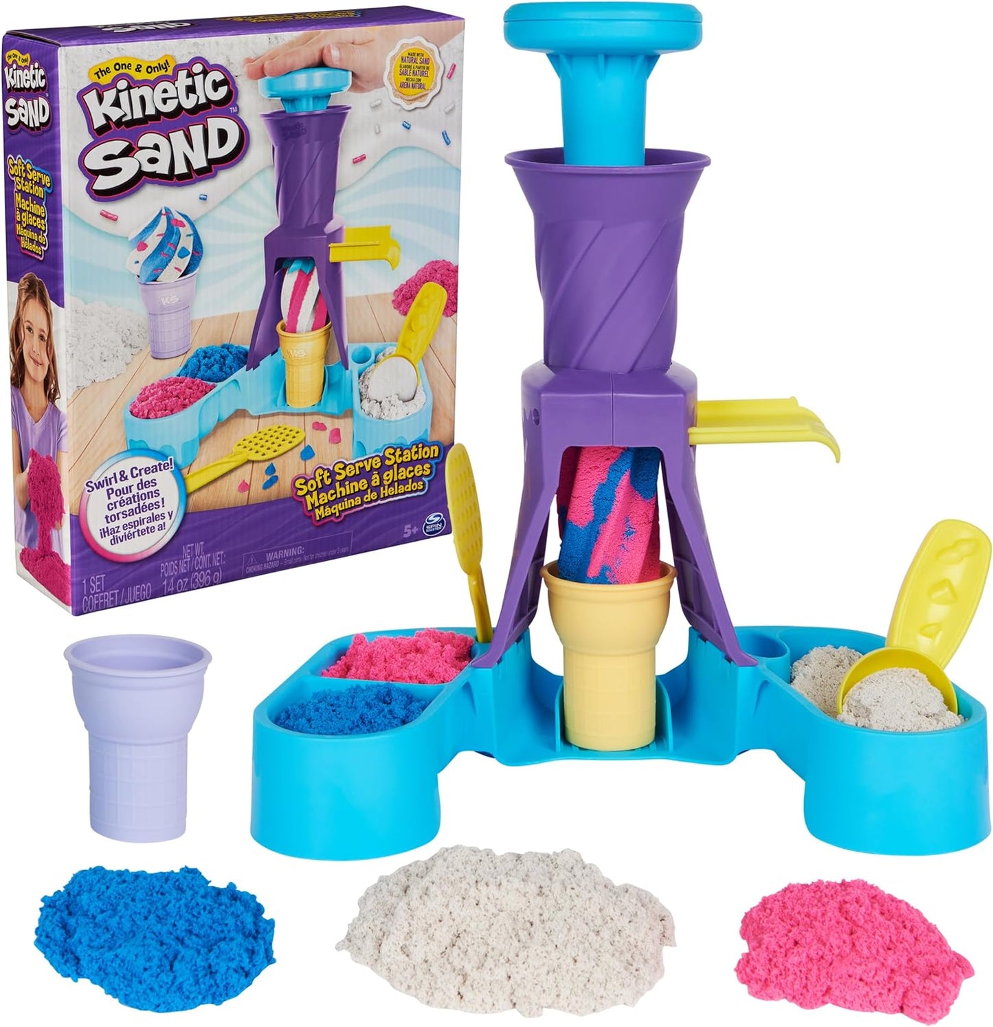 Kinetic Sand, Soft Serve Station, 14oz of Play Sand (Blue, Pink & White), 2 Ice Cream Cones & 2 Tools, Sensory Toys, Christmas Gifts for Kids Ages 5+