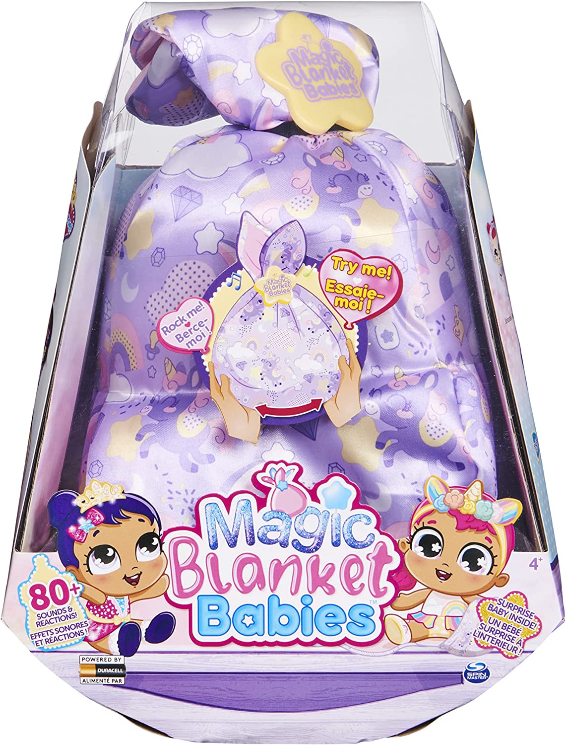 Magic Blanket Babies, Muñeca de peluche sorpresa con más de 80 sonidos y reacciones, manta púrpura