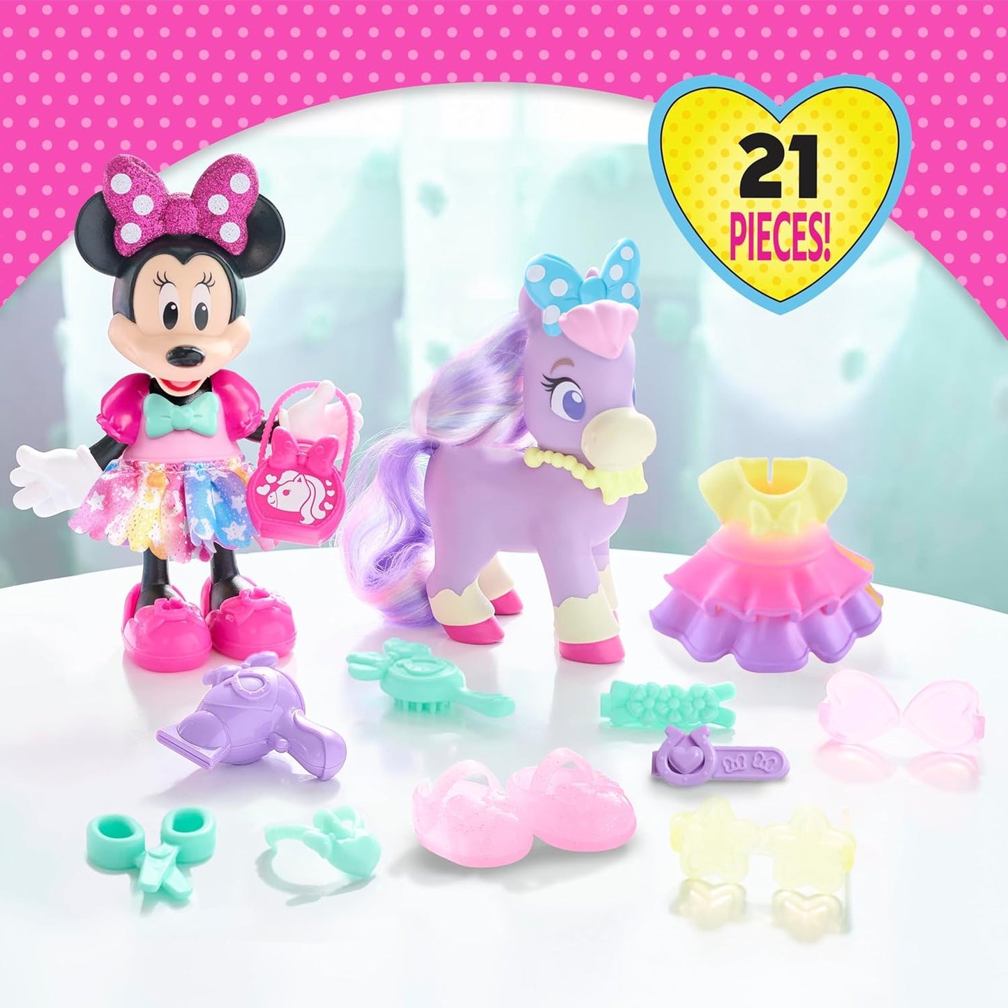 Disney Junior Minnie Mouse Groom & Glam Pony Set, 21-Piece Doll and Accessories Set, Kids Toys for Ages 3 Up