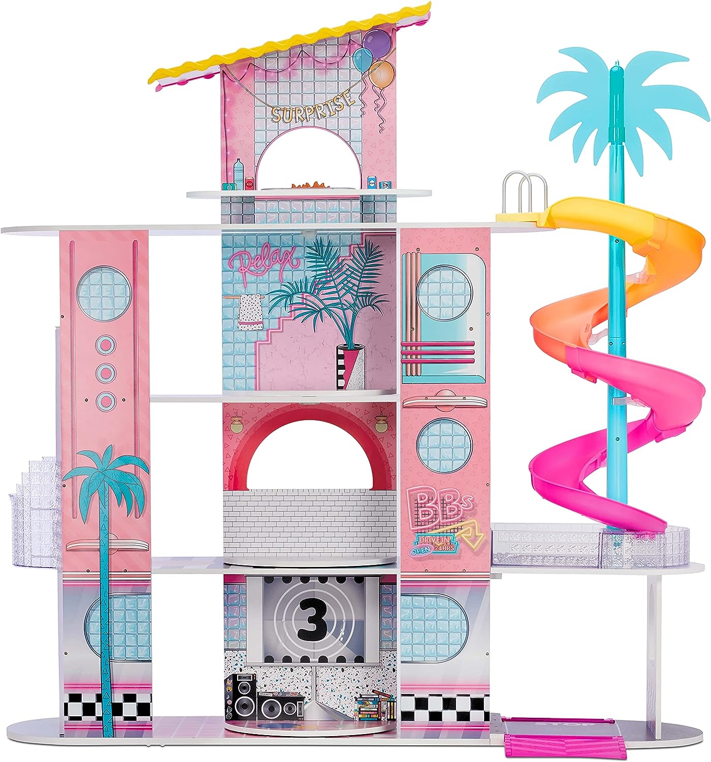 L.O.L. Surprise! OMG House of Surprises – Real Wood Dollhouse with 85+ Surprises, 4 Floors, 10 Rooms, Elevator, Spiral Slide, Pool, Movie Theater Drive Thru, Rooftop- Toy Gift for Girls Ages 4 5 6 7+