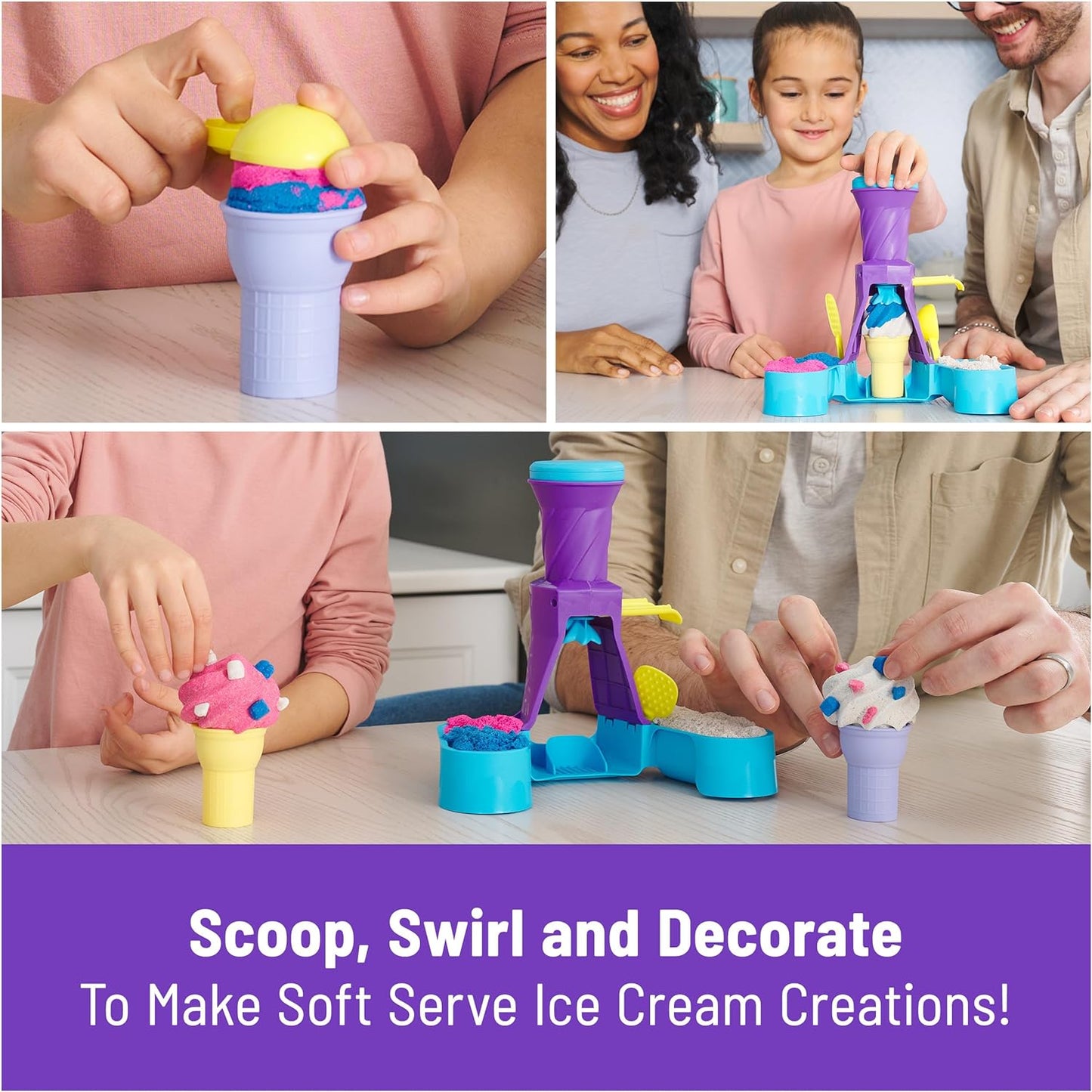 Kinetic Sand, Soft Serve Station, 14oz of Play Sand (Blue, Pink & White), 2 Ice Cream Cones & 2 Tools, Sensory Toys, Christmas Gifts for Kids Ages 5+