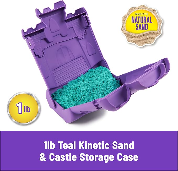 Kinetic Sand, Castle Case with 1lb Teal Play Sand, Play Space & Storage Container, Sensory Toys, Stocking Stuffers & Christmas Gifts for Kids Ages 3+