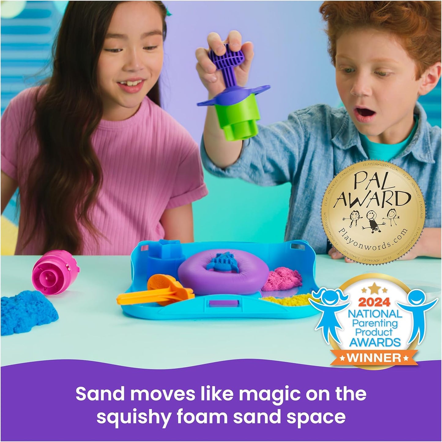 Kinetic Sand, SquishMotion Playset with 1lb Pink, Yellow, Blue Play Sand, Stamper, 5 Tools & Storage, Sensory Toys, Christmas Gifts for Kids Ages 3+