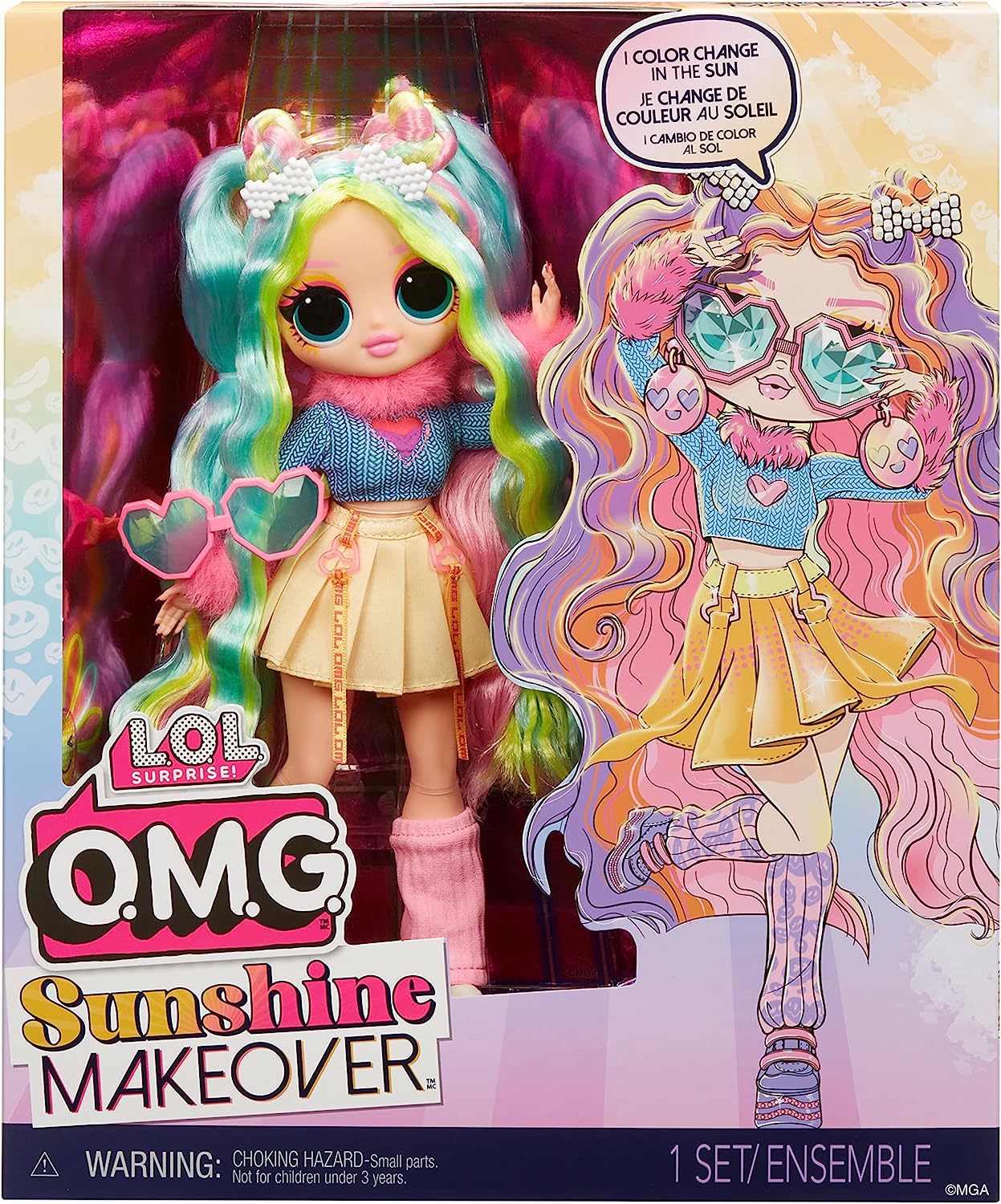 LOL Surprise OMG Sunshine Color Change Bubblegum DJ Fashion Doll with Color Changing Hair and Fashions and Multiple Surprises – Great Gift for Kids Ages 4+