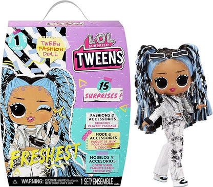 LOL Tweens Fashion Doll with 15 Surprises, Blue Hair, Including Stylish Outfit & Accessories with Reusable Bedroom Playset - Gift for Kids, Ages 4+ Years, Multicolor, 6 inches