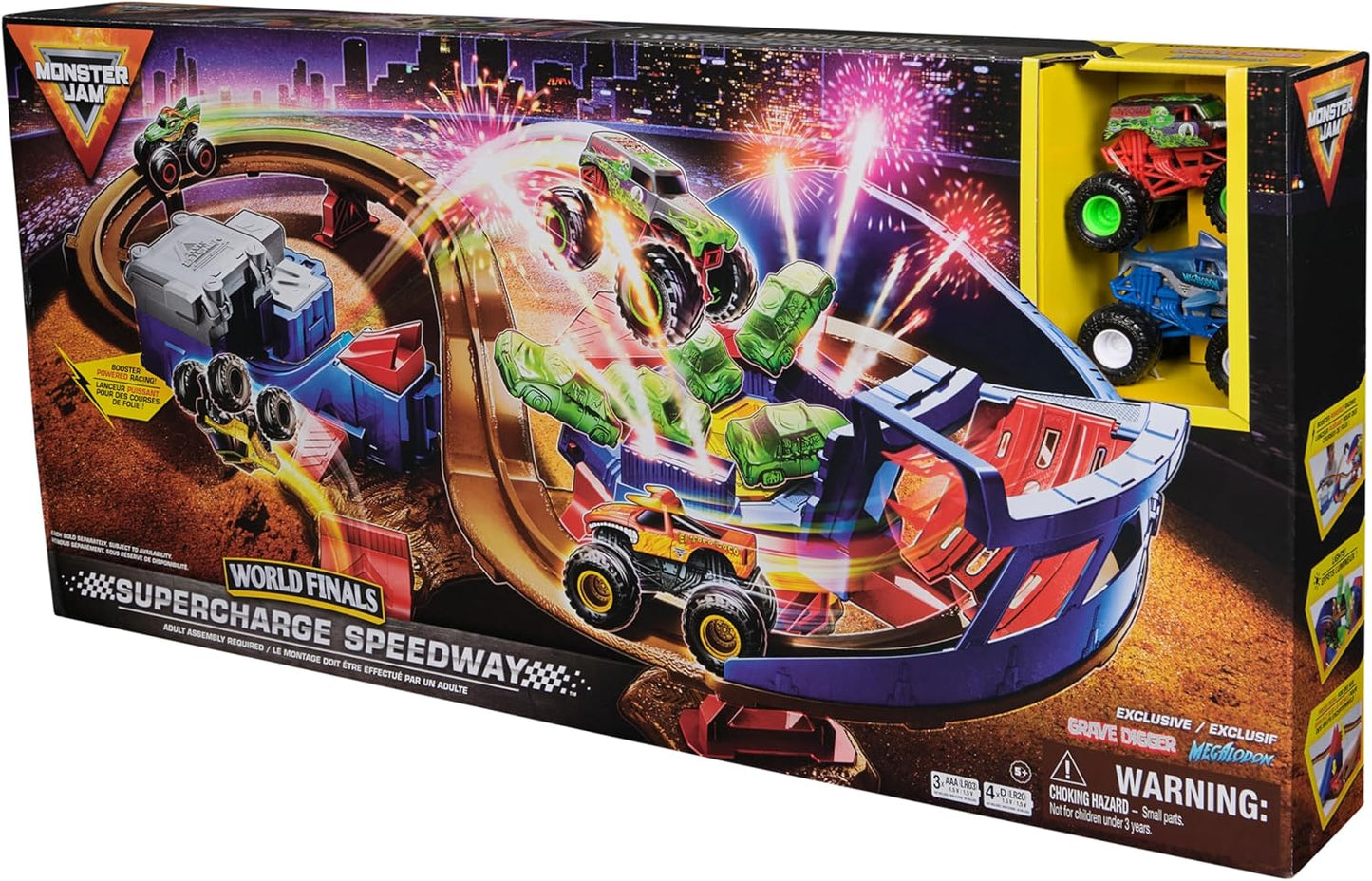 Monster Jam, Supercharge Speedway Playset, Megalodon and El Toro Loco Die-Cast Monster Trucks, Light Up World Finals Track Kids Toys for Boys Ages 3+