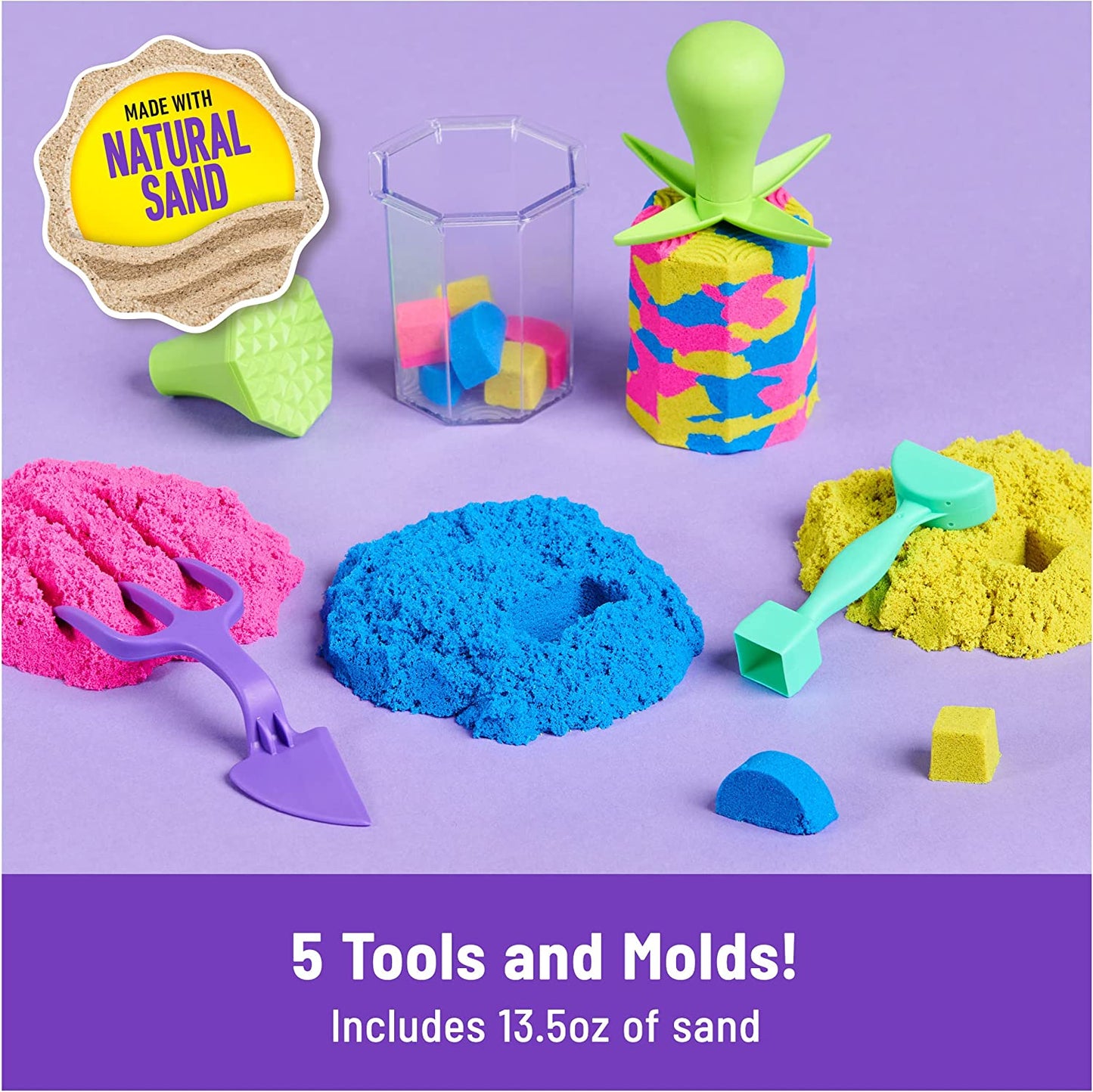 Kinetic Sand, Squish N’ Create Playset, with 13.5oz of Blue, Yellow, and Pink Play Sand, 5 Tools, Sensory Toys for Kids Ages 3 and Up