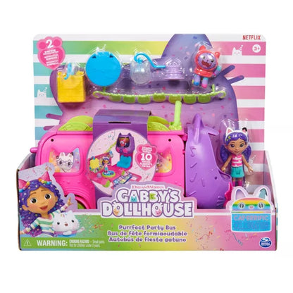 Gabby's Dollhouse Sprinkle Party Bus in retail packaging featuring Gabby Girl, DJ Catnip, and over 10 surprise toys for imaginative play.