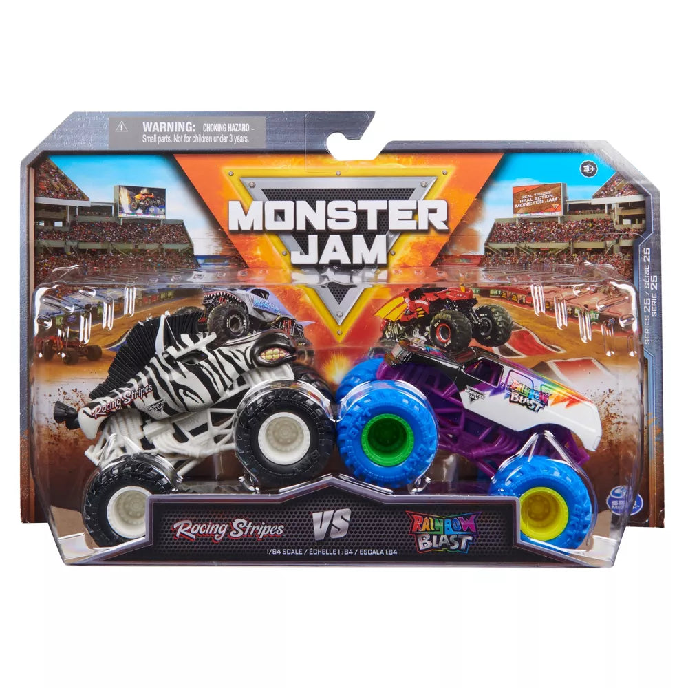 Monster Jam 2023 Official 1:64 Scale Diecast Truck 2-Pack Series Racing Stripes vs Rainbow Blast