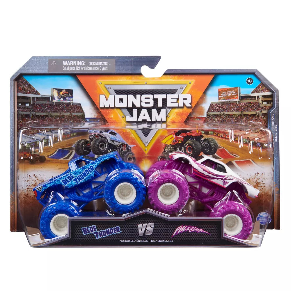 Monster Jam 2023 Official 1:64 Scale Diecast Truck 2-Pack Series Blue Thunder vs Full Charge