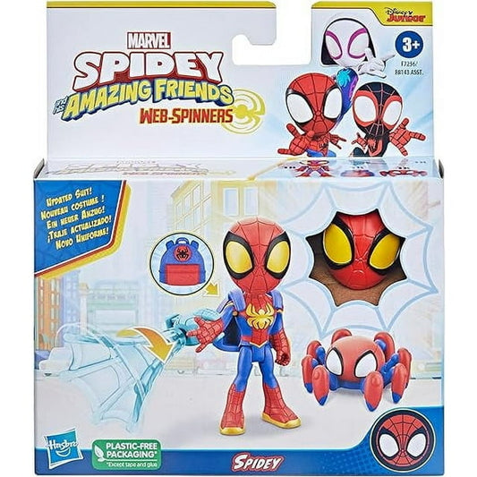 Marvel Spidey and His Amazing Friends toy set packaging with Spider-Man figure and web-spinners.