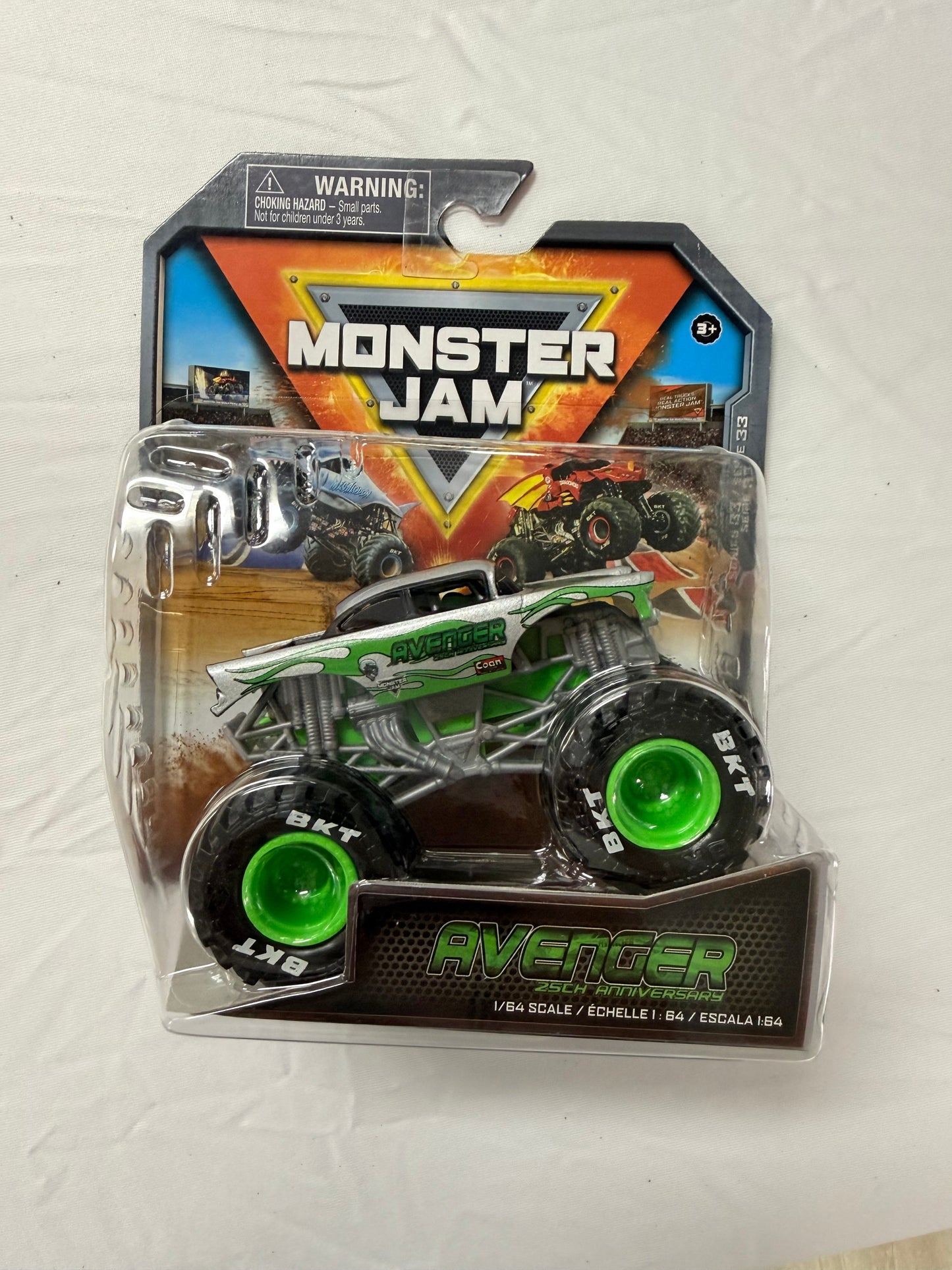 Toy truck in packaging with 'Monster Jam' branding on a white background