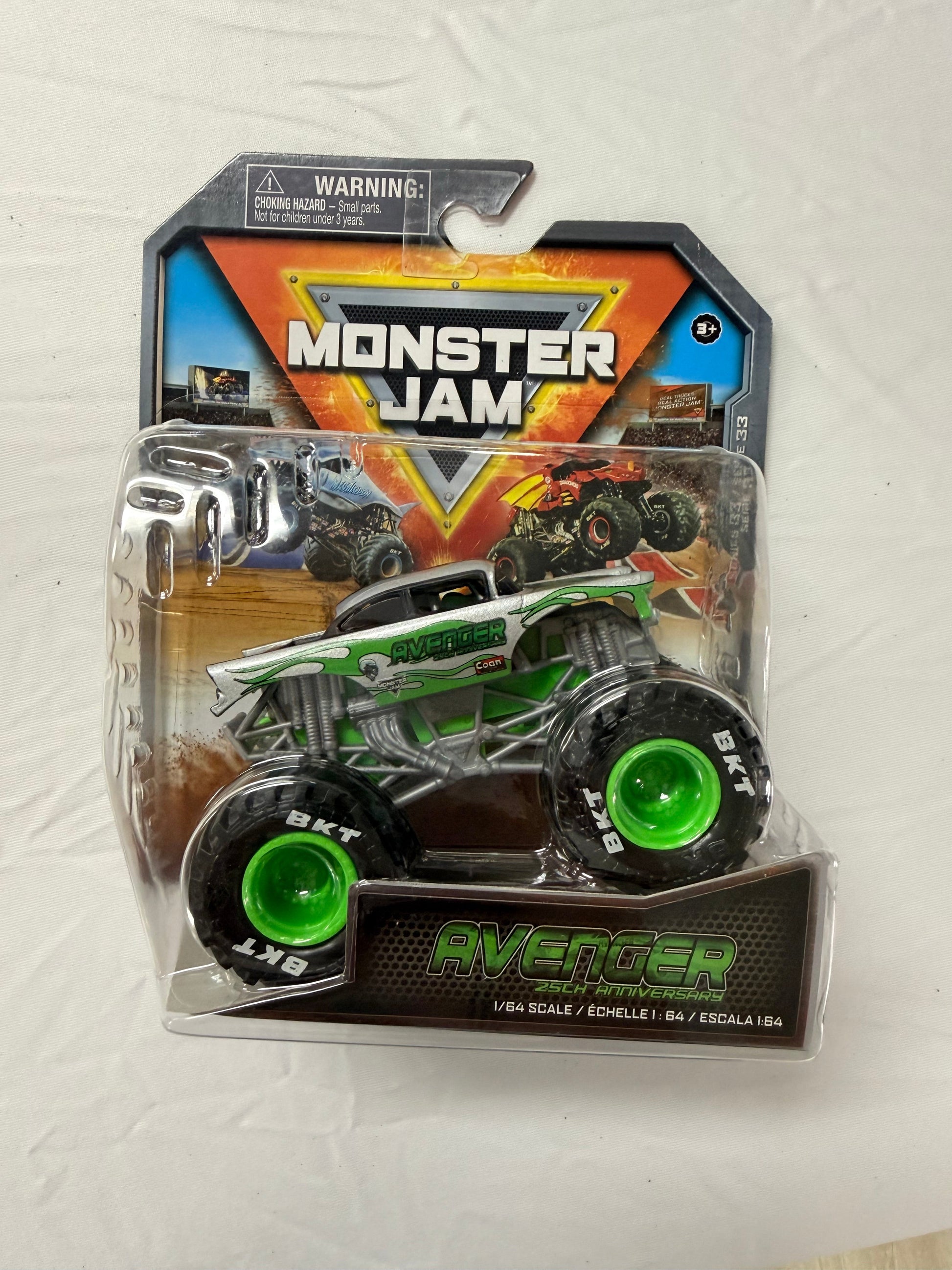 Toy truck in packaging with 'Monster Jam' branding on a white background