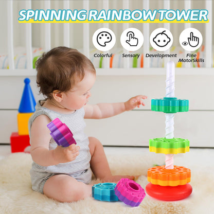 Niño jugando con la Rainbow Sensory Tower colorida, juguete Montessori para desarrollar concentración y motricidad fina