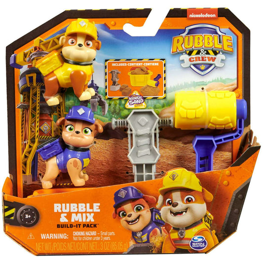 Rubble & Crew, Rubble and Mix Action Figures Set, with 3 oz of Kinetic Build-It Sand and 2 Hand Held Building Toys, Kids Toys for Ages 3 and up