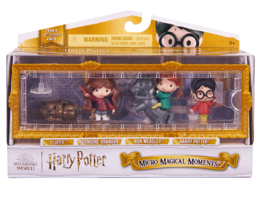 WIZARDING WORLD HARRY POTTER, MICRO MAGICAL MOMENTS SCENE GIFT SET WITH EXCLUSIVE HARRY, HERMIONE, RON, FLUFFY FIGURES & DISPLAY CASE