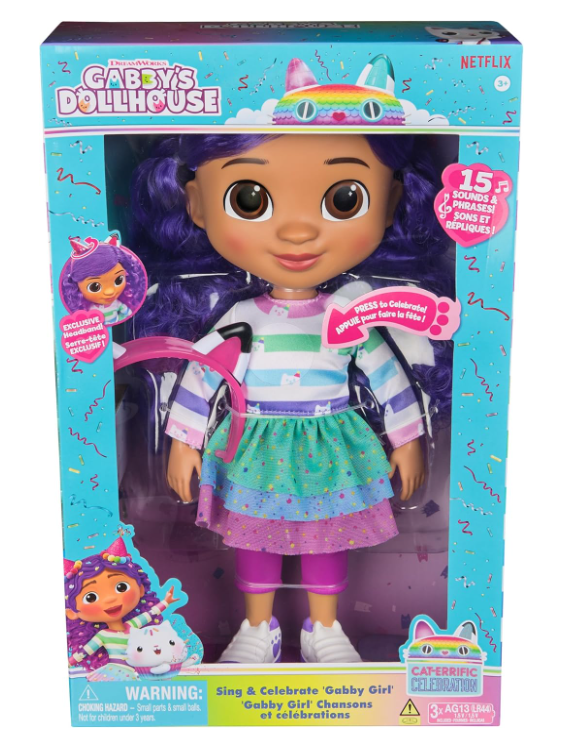 Gabby’s Dollhouse, 'Gabby Girl' Que Canta y celebra, muñeca de 33 cm de Altura con Efectos de Sonido y Orejas de Gato Reversibles, Juguetes para niños y niñas a Partir de 3 años