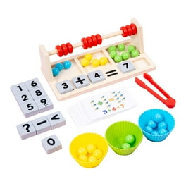 Colorful abacus educational toy with beads and number cards on a white background